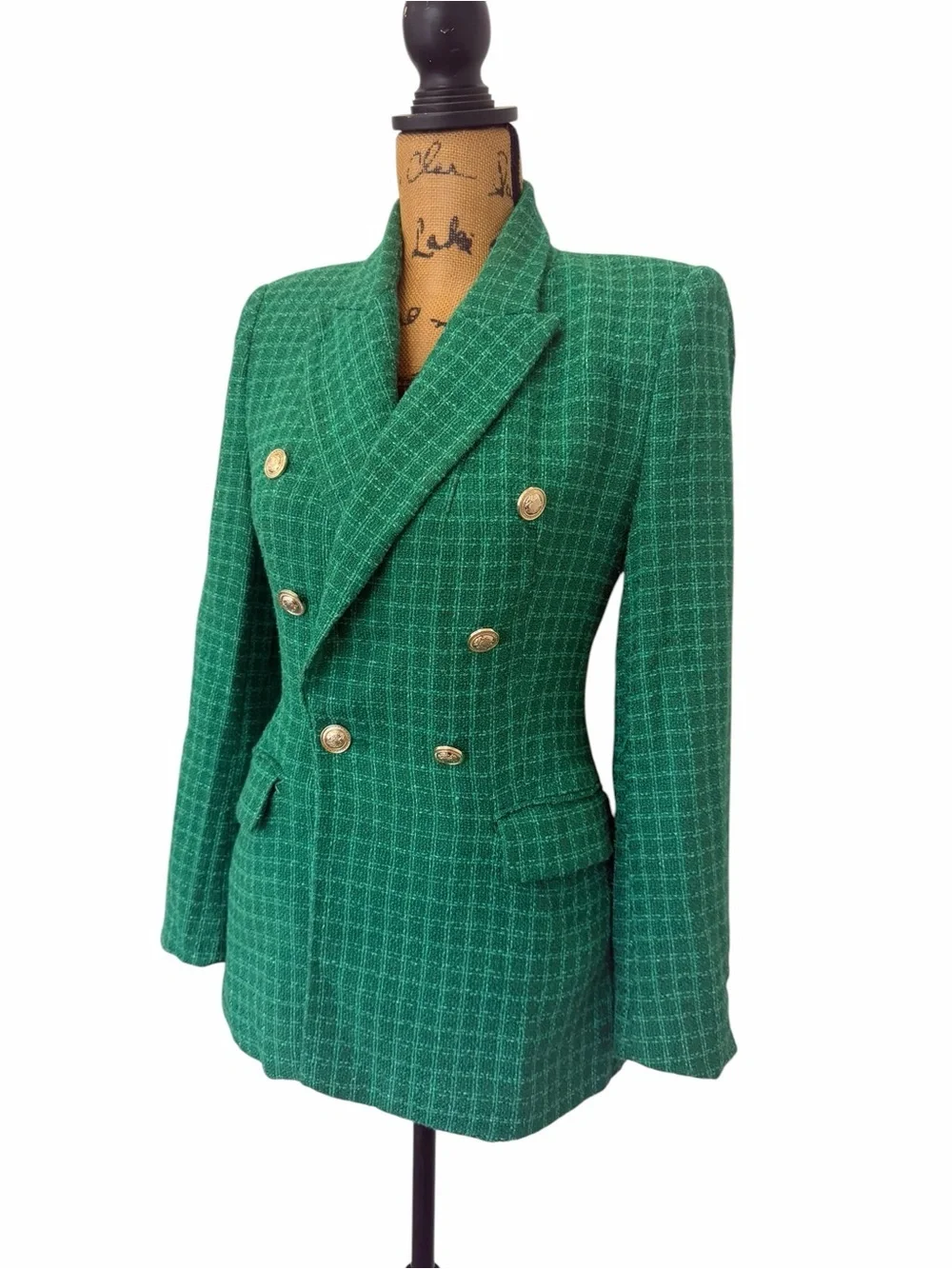 ZARA Emerald Green Tweed Blazer Gold Crest Buttons Structured Jacket Small